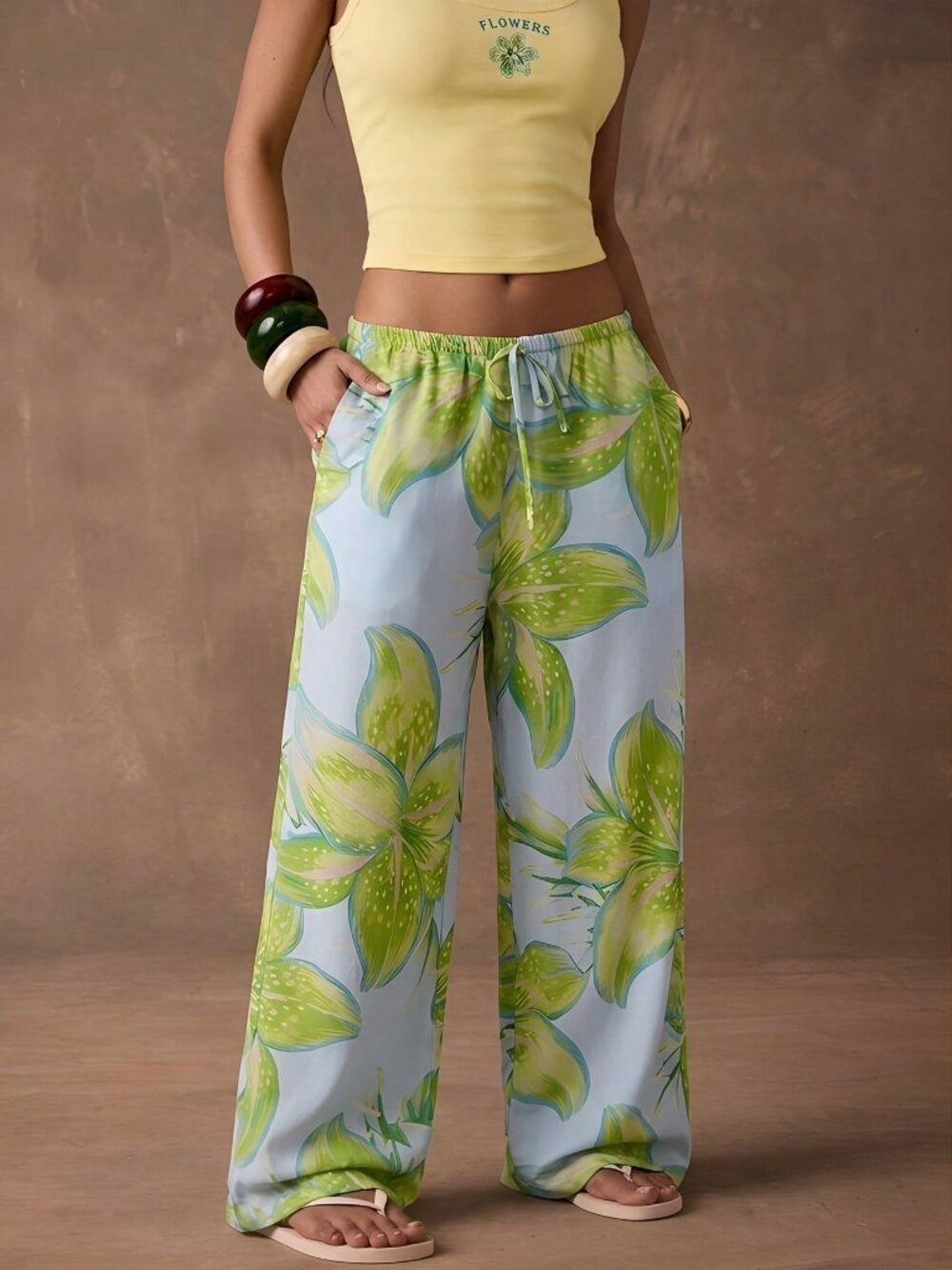 Cantaloupe Yellow Boho Women's Vacation Floral Print Woven Loose Wide Leg - Picture 6 of 7